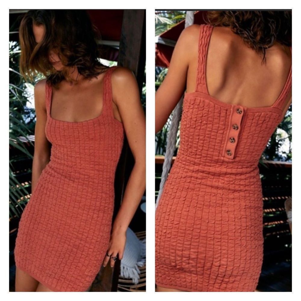 NWT Free People Beach Short N Sweet Knit Mini Dress in Ambered Coral L